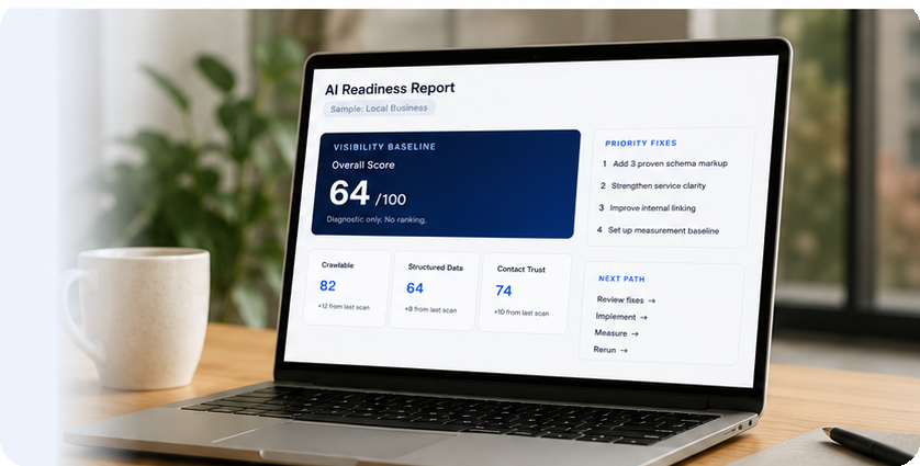 Sample AI Readiness Report preview shown on a laptop in a workspace