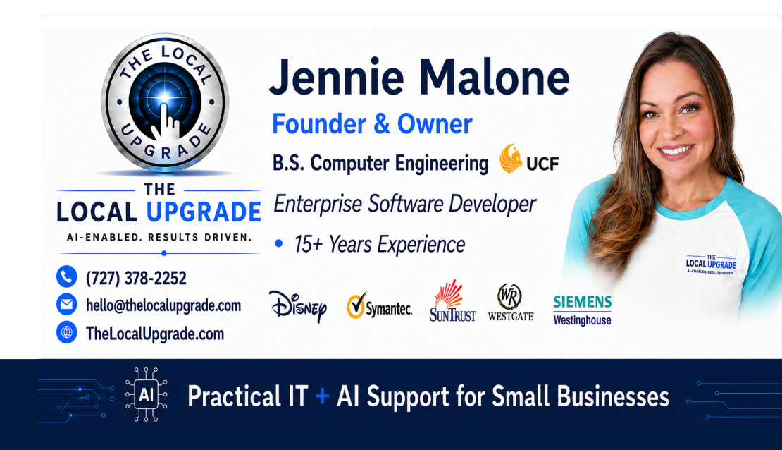 The Local Upgrade business card showing Jennie Malone, founder and owner